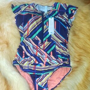 New with tags Sunsoaked Janine Ruffle puff Sleeve swimsuit sz 12 one piece